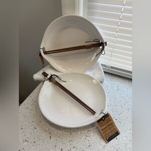 NWT Elegant White Ceramic Bowl Set with Chopsticks- set of 2